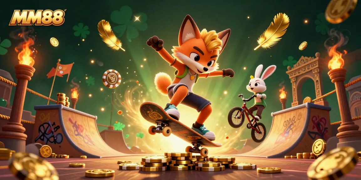 Engage in adventure with MM88 as a fox performs tricks over poker chips in a vibrant casino scene.
