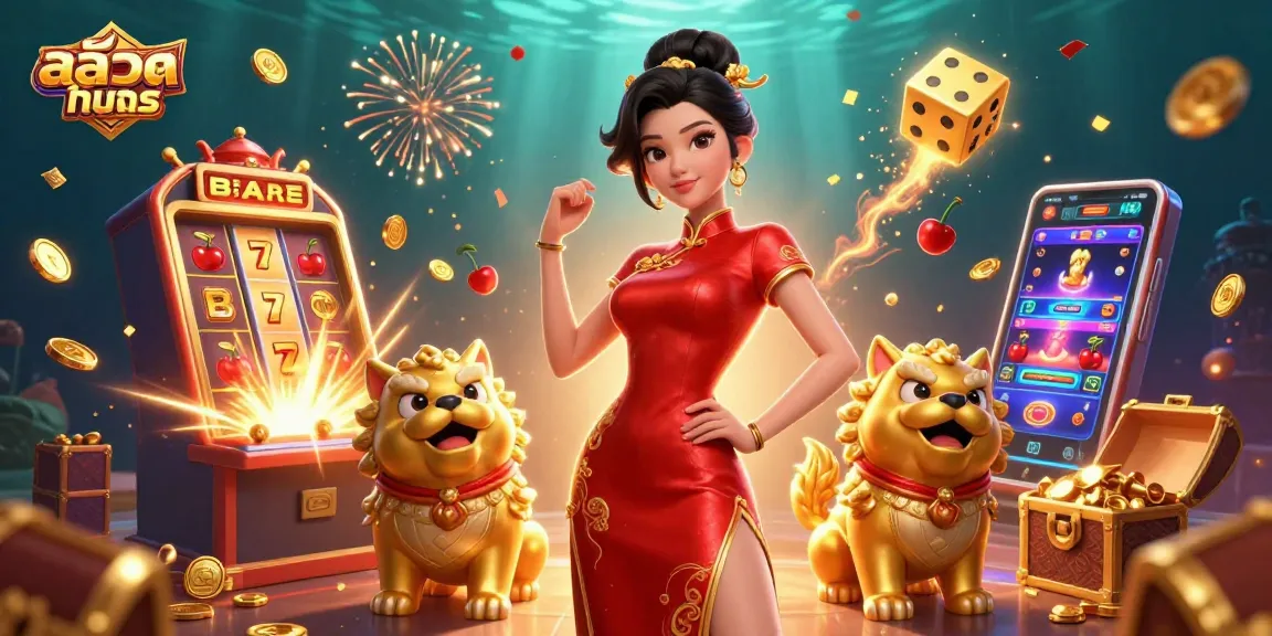 Experience exciting สล็อตทดลอง gameplay with a glamorous Asian woman surrounded by festive symbols and golden treasures