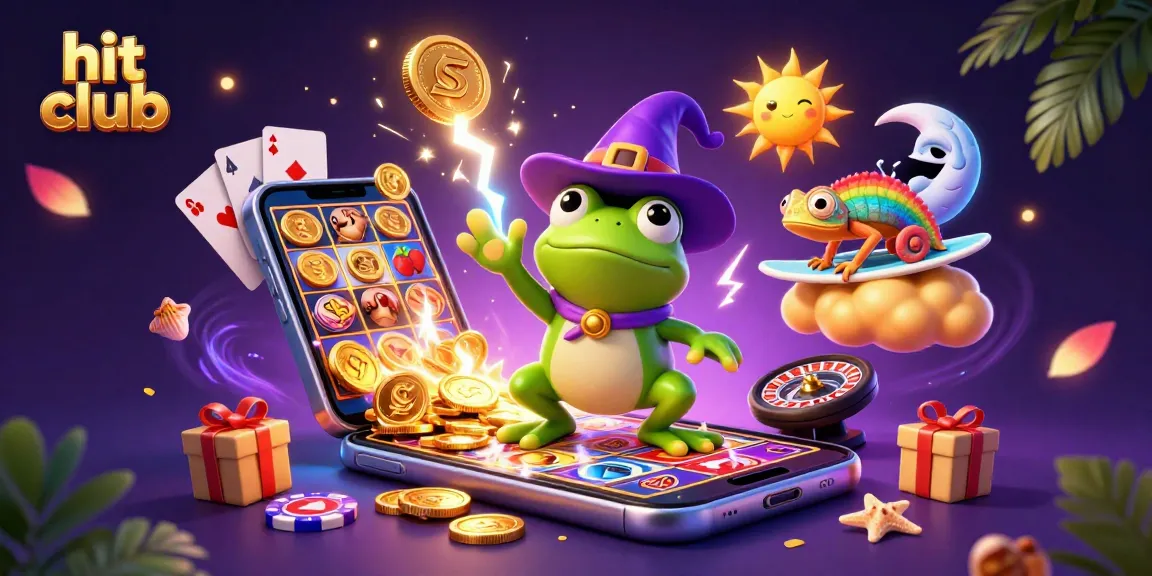 Engage with hit club gaming adventures as a wizard frog conjures coins amidst vibrant casino elements.