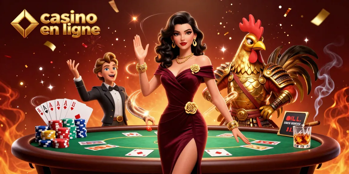 Découvrez l'excitation du casino en ligne avec cette illustration 3D vibrante mettant en scène une dame glamour et un coq samouraï.