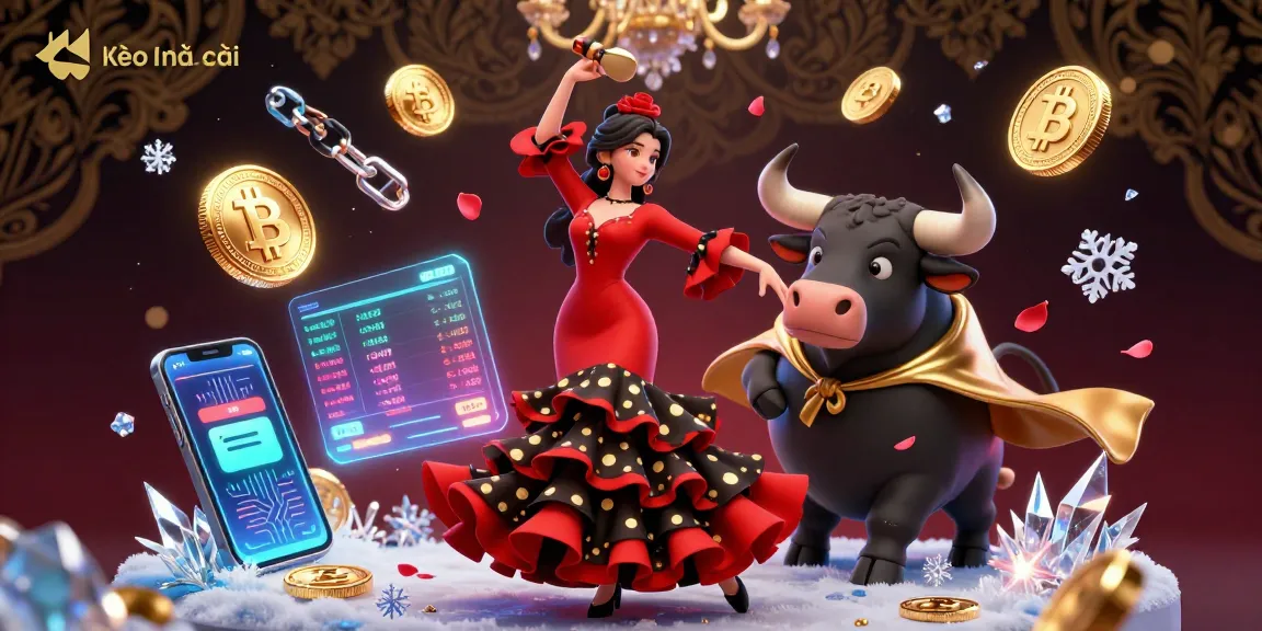 Engage with Kèo nhà cái in this vibrant scene featuring a flamenco dancer and fighting bull amidst digital cryptocurrency elements.