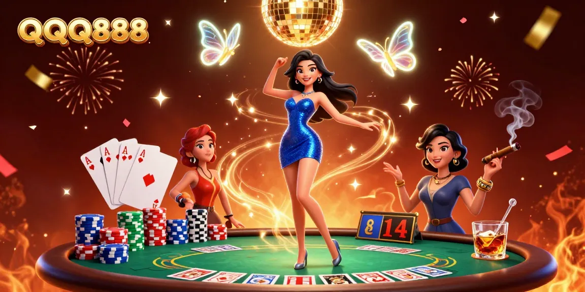Experience the excitement of QQQ888 with dynamic casino elements and vibrant 3D illustration.