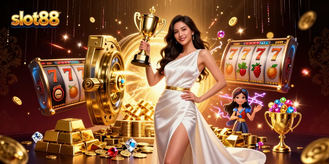 Hit the jackpot with slot88 in this vibrant 3D casino scene showcasing a victorious player.