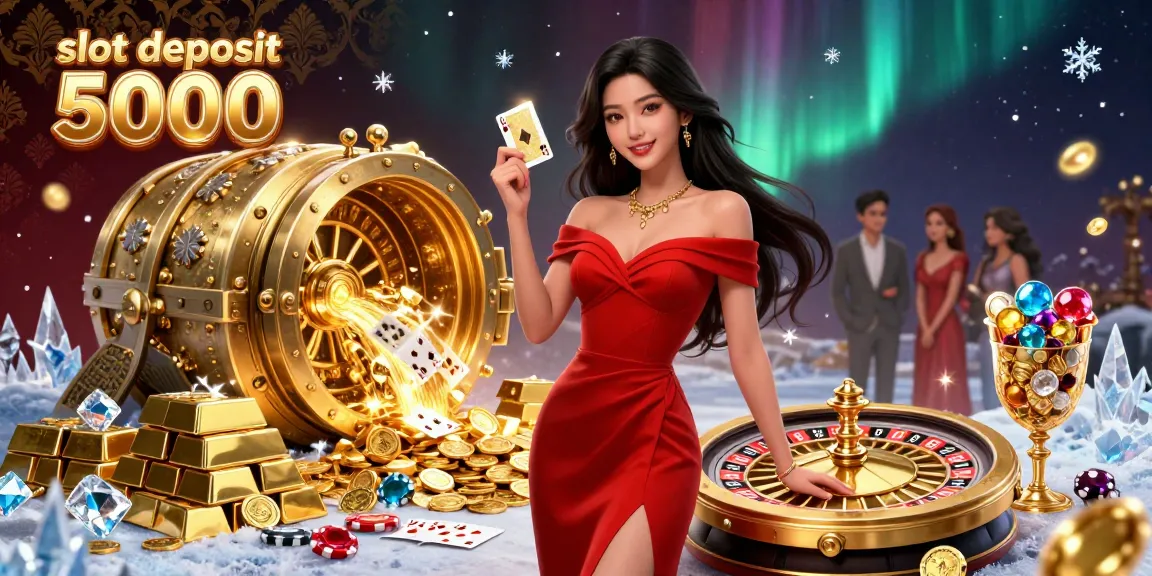 Experience the thrill of slot deposit 5000 with a stunning 3D casino scene featuring jewels, cards, and dynamic energy.