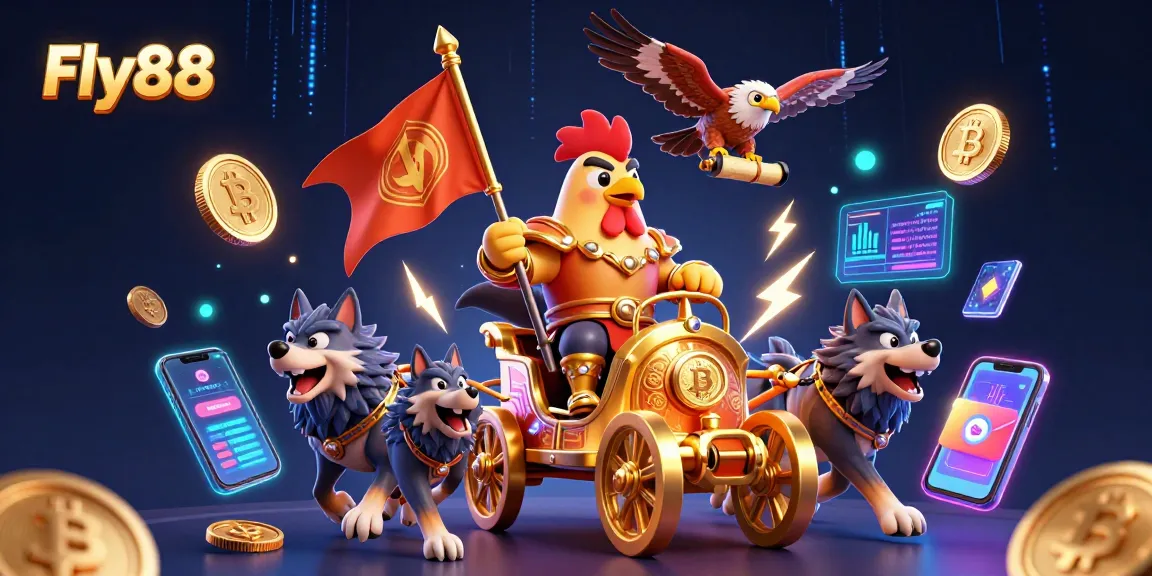 Experience the thrill of Fly88 with a vibrant 3D cartoon illustration of a rooster warlord and elements of online gambling.
