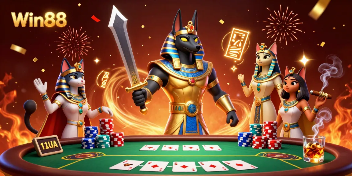 Win88 offers exciting poker action with Anubis and Bastet in a lavish casino setting.