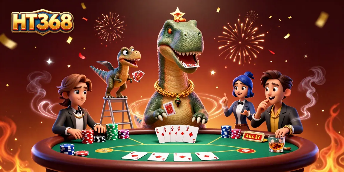 Play cards with HT368 at a vibrant casino featuring a unique dinosaur theme.