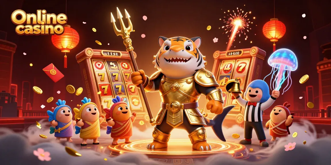 Experience thrilling Online casino action with a shark gladiator amidst vibrant 3D elements.