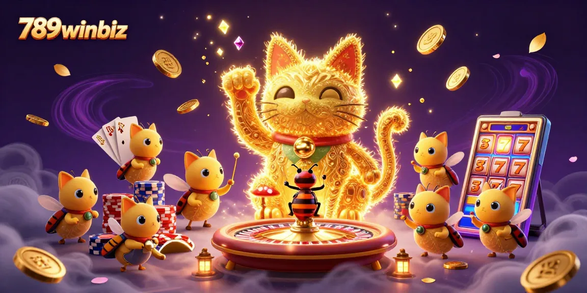 Engage with 789winbiz's vibrant 3D casino scene featuring a lucky cat and golden symbols.