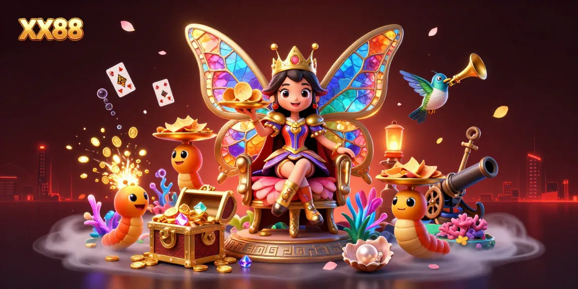 Engage with XX88's vibrant casino adventure featuring a butterfly queen and treasure elements.