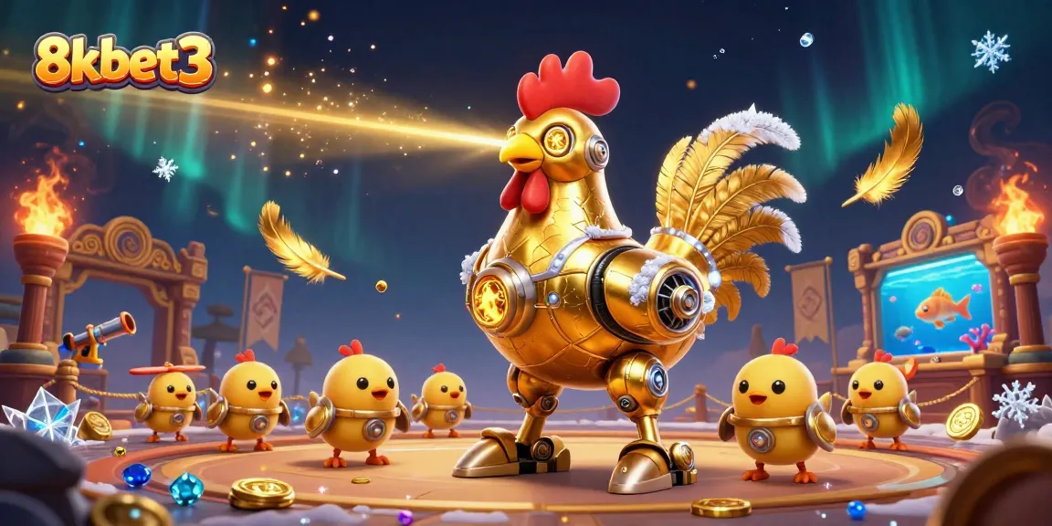 Engage in thrilling gameplay at 8kbet3 with the golden rooster robot and baby chick drones in an exciting fish shooting arena.