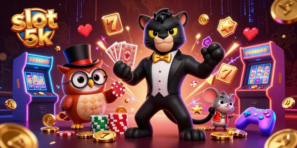 Experience thrilling gameplay with slot 5k as a stylish panther, owl, and mouse celebrate jackpot wins.