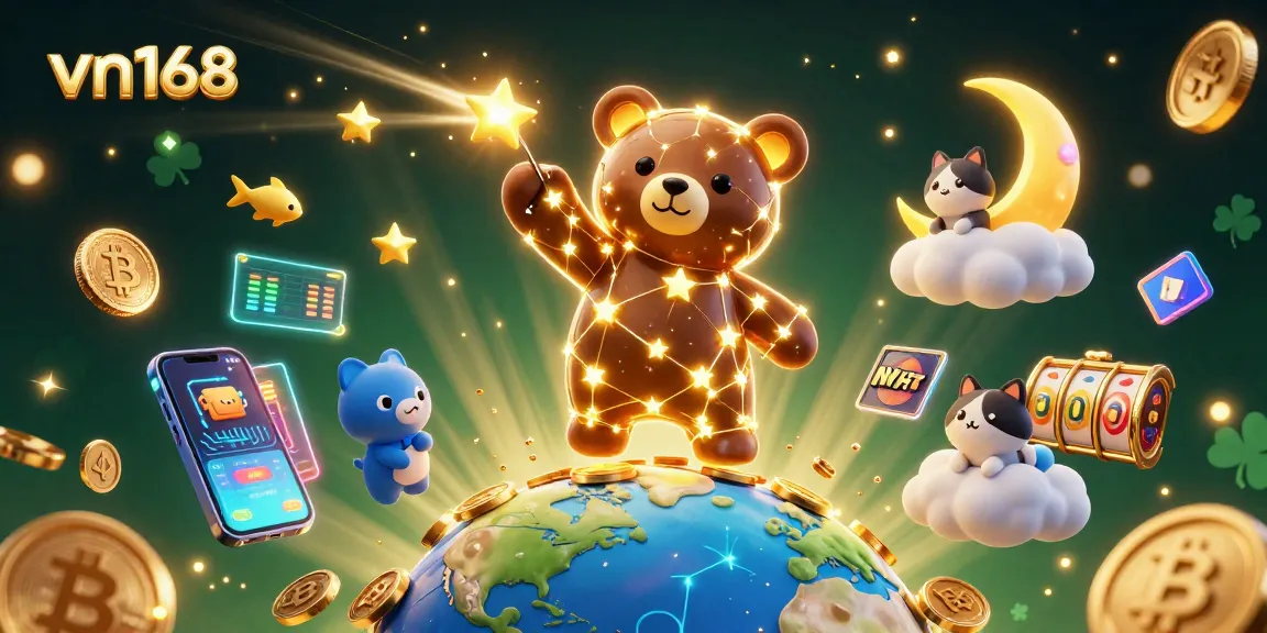 Win exciting jackpots at vn168 with a vibrant 3D casino-themed illustration showcasing stars and coins.