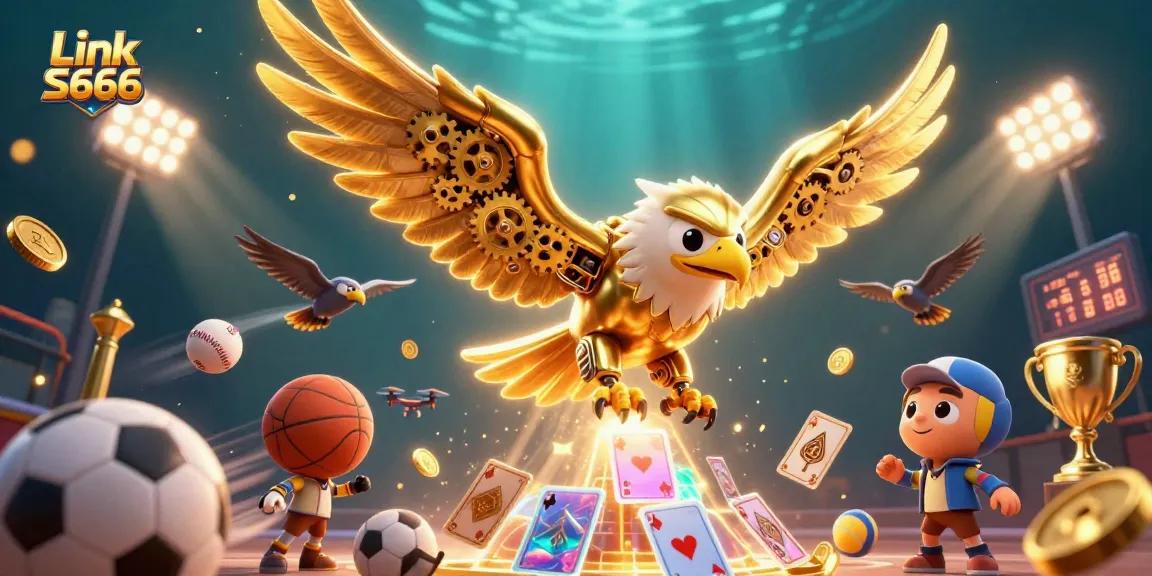 Experience thrilling action with Link S666 in this vibrant 3D casino scene filled with dynamic gaming elements, sporting symbols, and golden imagery.