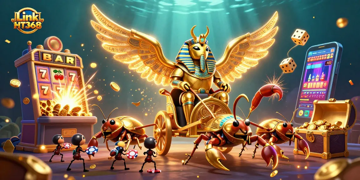 Experience thrilling wins with Link HT368 in a vibrant 3D casino illustration showcasing epic gameplay elements.