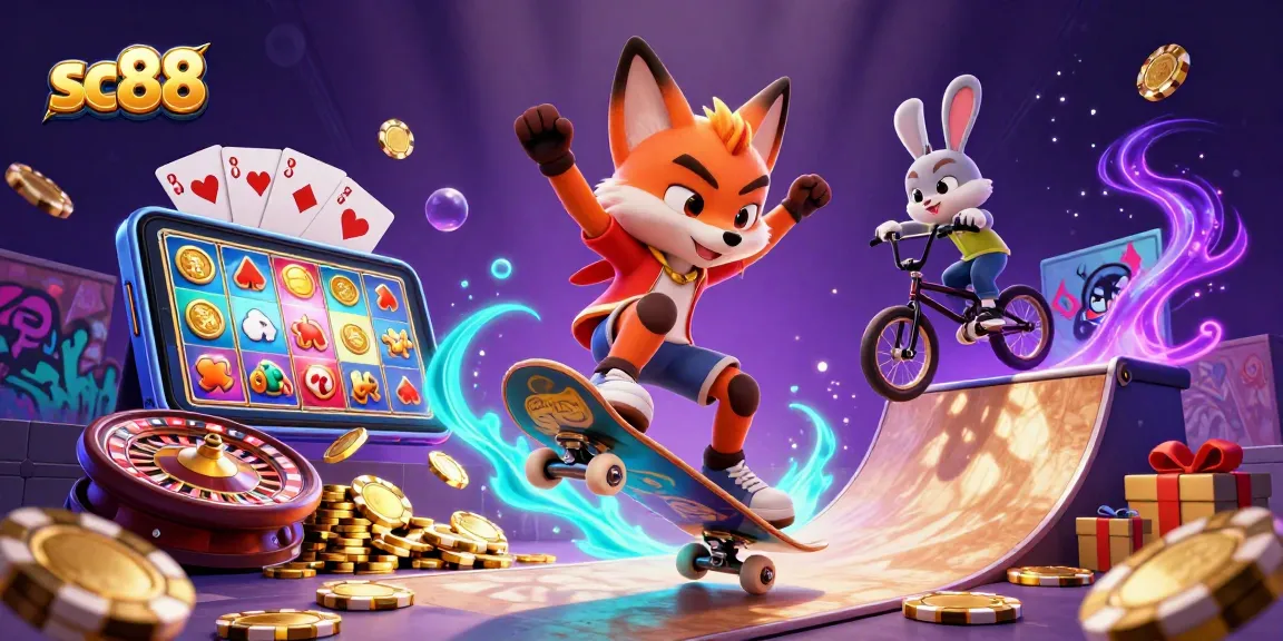 Experience the thrilling action at sc88 as our 3D cartoon fox performs stunts over poker chips!