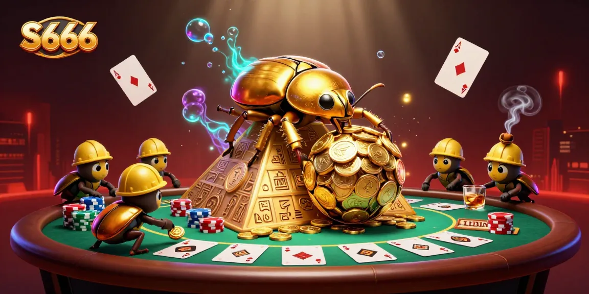 S666 showcases a fun 3D casino scene featuring a golden beetle rolling a coin ball amidst poker chips.