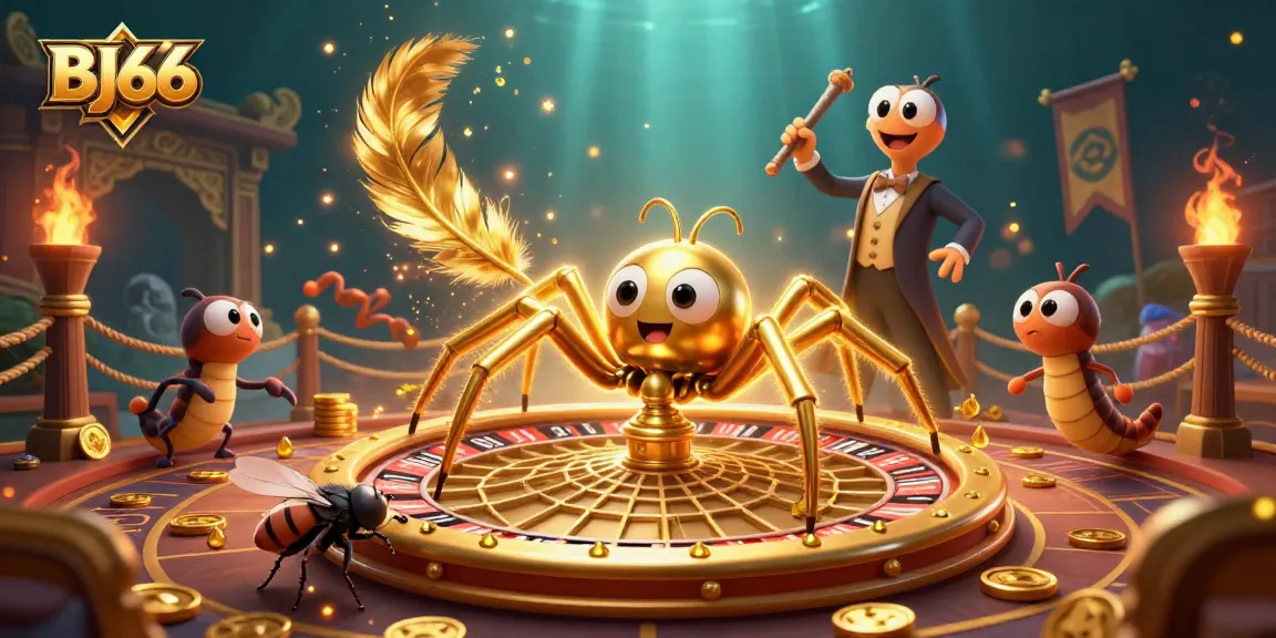 BJ66 showcases an exciting scene with a golden spider, fly betting, and a centipede croupier in a lively cockfighting arena.