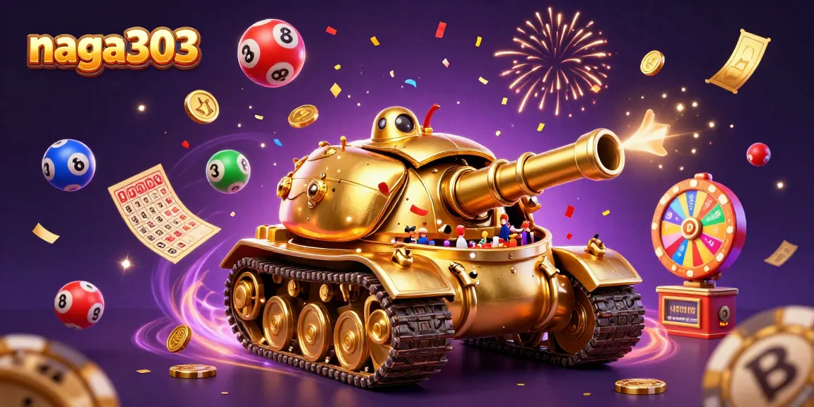 Naga303 lottery tank jackpot celebration with vibrant balls and colorful confetti