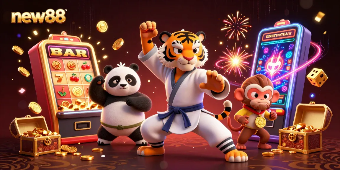 Experience the excitement of new88 with a dynamic 3D casino illustration featuring vibrant characters and gaming elements.