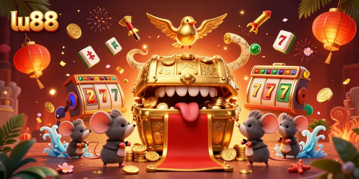 Experience thrilling wins at lu88 with a treasure chest surrounded by exciting casino elements.