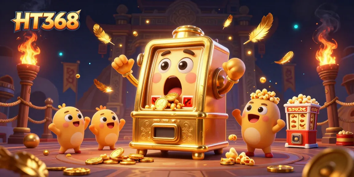 HT368 slot machine celebrates a jackpot while baby machines cheer amidst a vibrant casino scene.