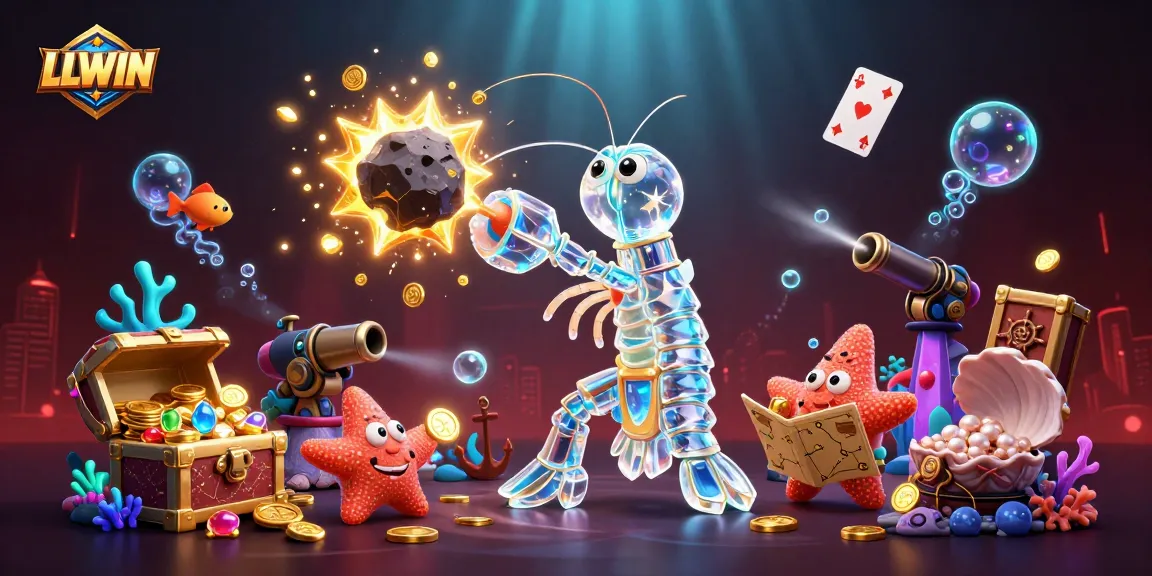 LLWIN casino adventure with a galactic samurai mantis shrimp and starfish navigating treasure and coins.
