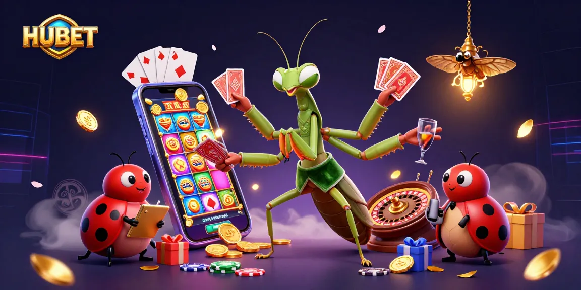 HUBET brings excitement as the mantis card sharp deals cards while enjoying drinks in an animated casino scene.