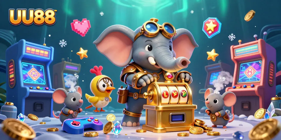 Experience thrilling gaming action with UU88's captivating 3D steampunk illustration featuring exciting slot machines.