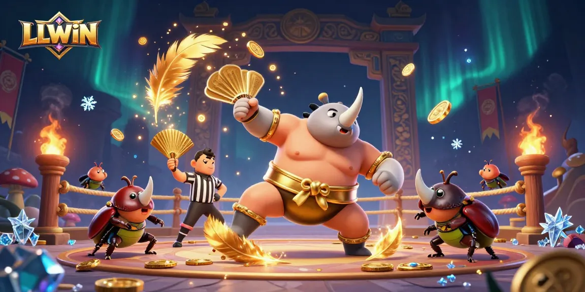 LLWIN showcases thrilling betting action with a dynamic 3D beetle sumo champion and flying coins.