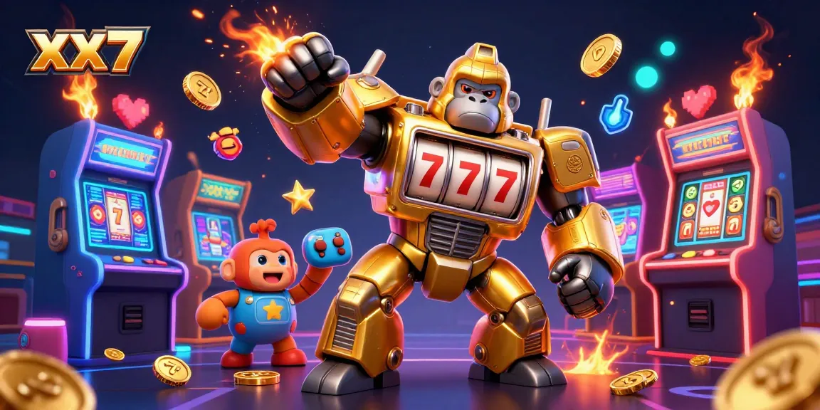 Engage in exciting slot play with xx7's golden gorilla mech and vibrant casino elements.