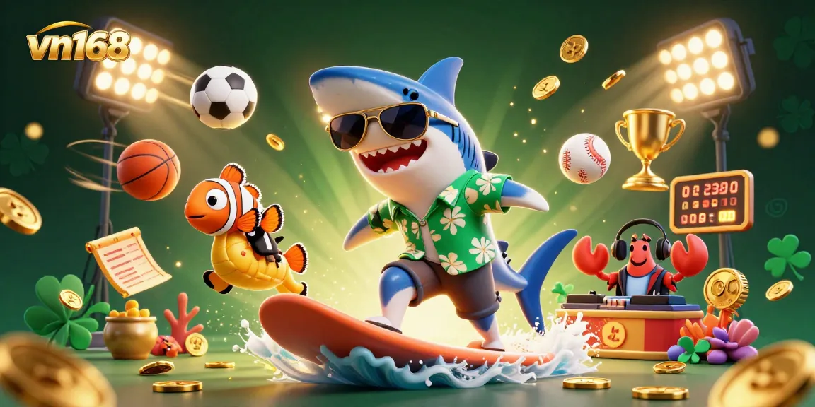 vn168 players winning with a dynamic scene featuring a shark, clownfish, and crab amidst sports elements and gold coins.
