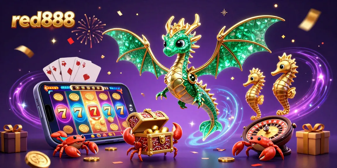 Experience the excitement of red888 with a magical sea dragon amidst colorful casino elements.