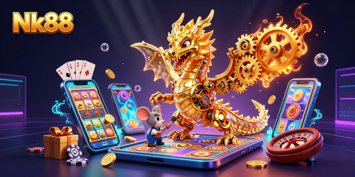 Engage with Nk88's vibrant gaming universe featuring a golden dragon and thrilling casino elements.
