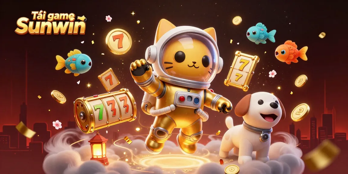 Tải game Sunwin with a colorful 3D rendering of a golden space astronaut cat, robot dog, and vibrant gaming elements.
