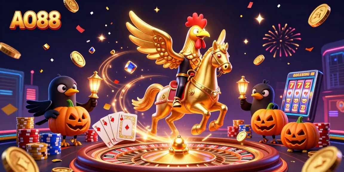 Experience the excitement of AO88 as a golden rooster and spectral horse roam a vibrant casino.