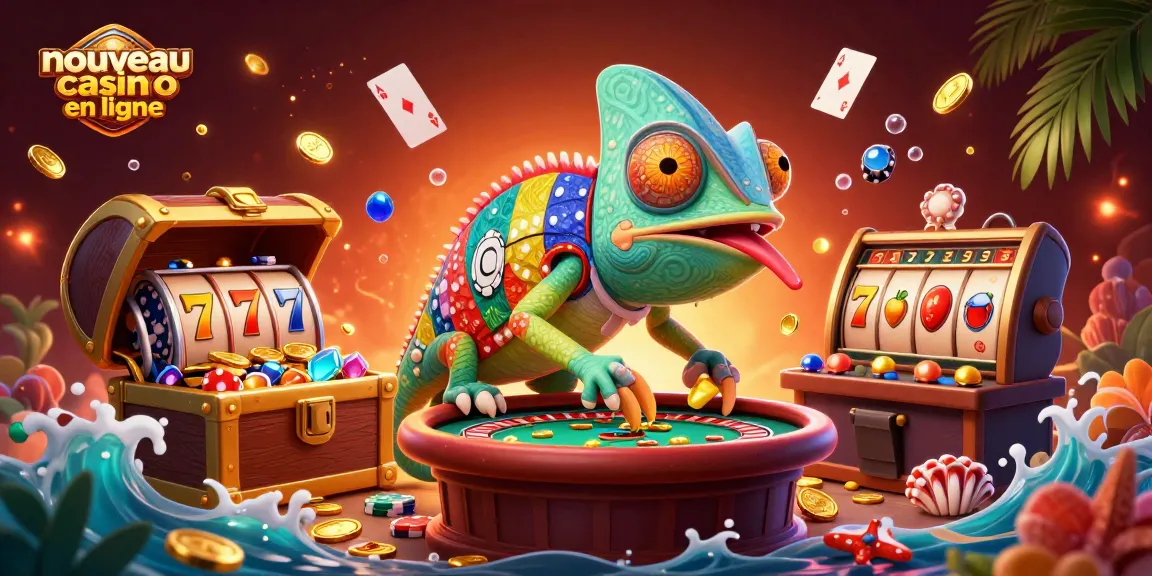 Image dynamique d'un nouveau casino en ligne avec un caméléon propriétaire et des éléments de jeu captivants.