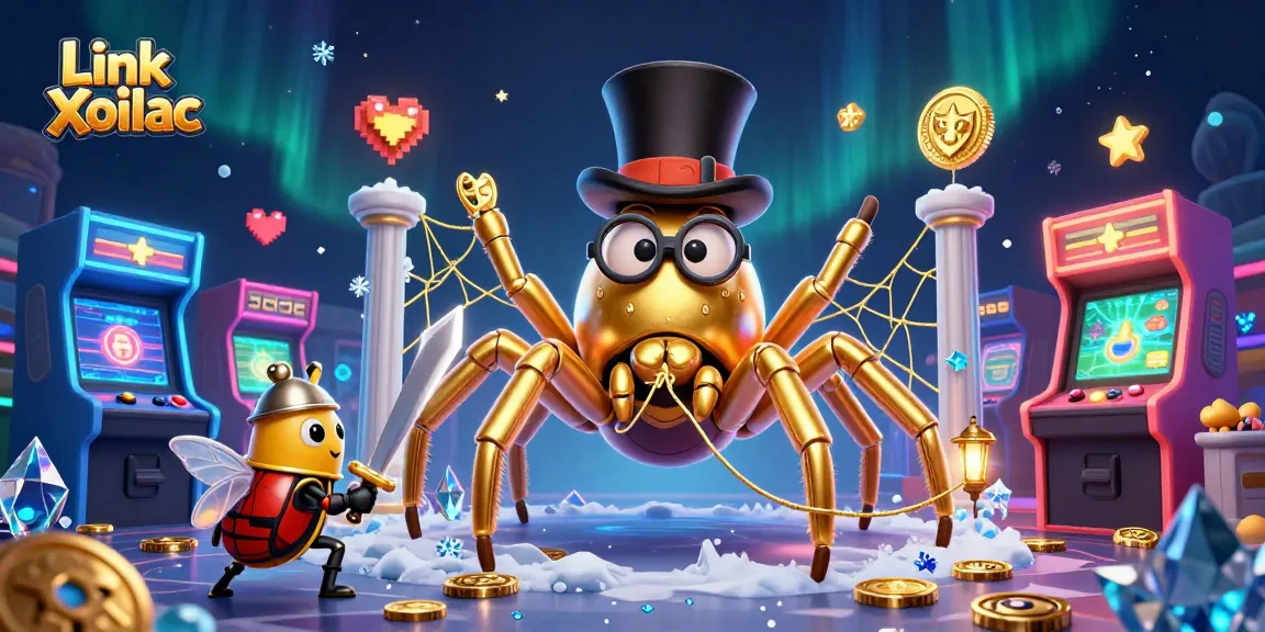 Watch Link Xoilac unfold with a golden tarantula and brave beetle knight amid vibrant casino elements.