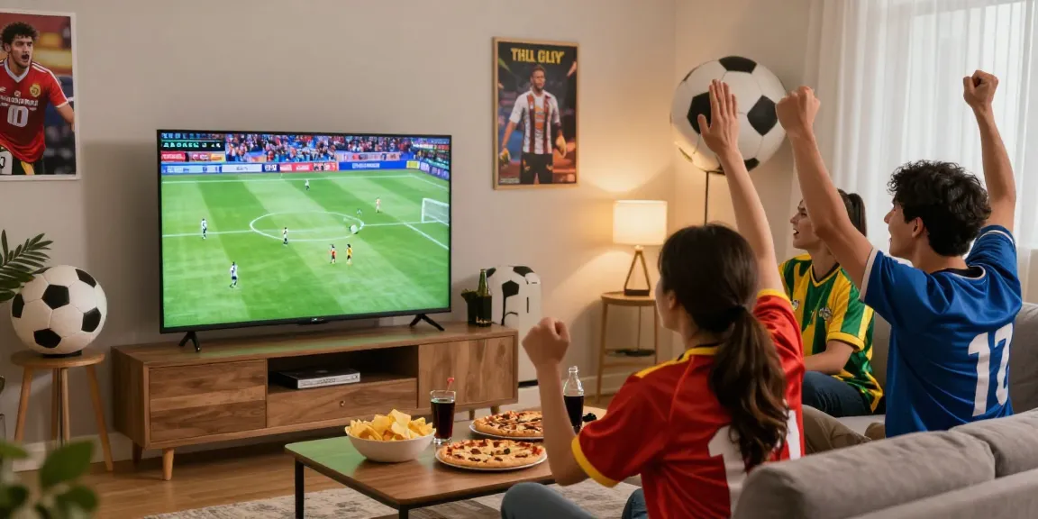 Exciting live viewing experience of موقع بث مباشر لمباريات كرة القدم in a cozy living room with friends celebrating a goal.